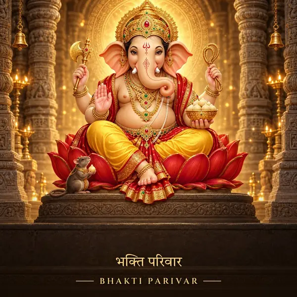 Ganesh ji seated on a lotus in a golden temple